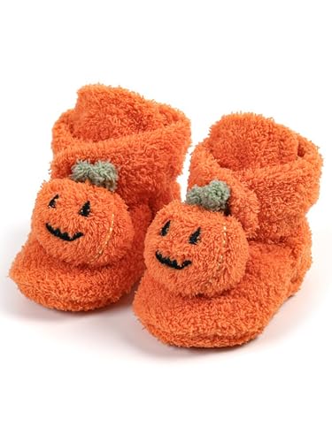 Anuedgis Botines cálidos de invierno para bebé recién nacido, lindas y acogedoras, de forro polar, para Halloween, calabaza, peludos, precaminantes, A naranja., 6-12 meses