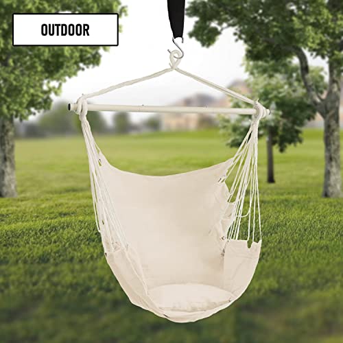 Dekool Hammock Chair Hanging Rope Swing, Detachable Steel Support Bar, Max 330 Lbs, Soft Durable Cotton Canvas, 1 Cushion And Hanging Hardware Included, For Indoor Outdoor, Beige #TOP6