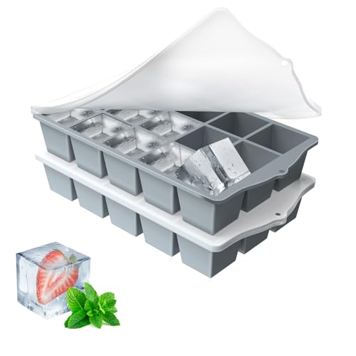 YUNISS Cubiteras para Hielo Grande con Tapa, 2 Piezas Cubitera Hielo Silicona Libre de BPA, Molde para Cubitos Apilables y Que Ahorran Espacio, Ice Cube Tray para Cócteles, Whisky, Vino -Gris