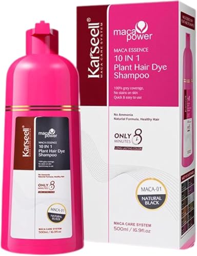 Karseell MACA CARE SYSTEM Champú Tinte Negro Natural Cobertura Canas Instantáneo Aceite de Argán Queratina Hidrolizada Cabello Seco Dañado Teñido 5 Minutos Sin Parabenos Sin Siliconas 500ml