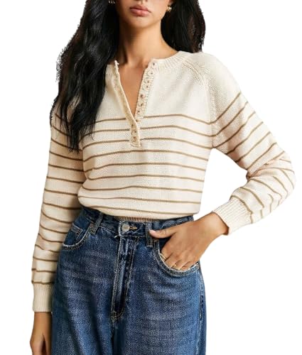 CHARTOU Women Striped Pullover Sweater Half Button Crew Neck Casual Sweater Jumper Tops