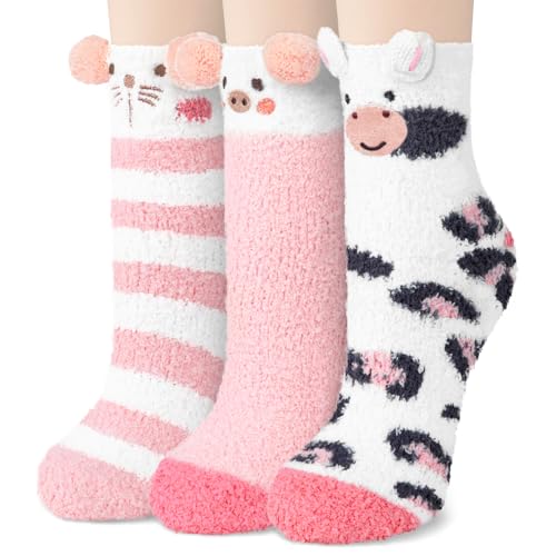 YSense 3 Pairs Womens Fuzzy Socks Cozy Winter Warm Fluffy Soft Cute Animal Fuzzy Home Slipper Socks