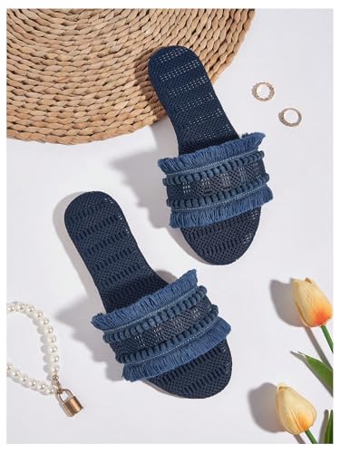 Image of OYOANGLE Women's Fringe Straw Sandals Crochet Open Toe Single Band Flat Slip On Sandals