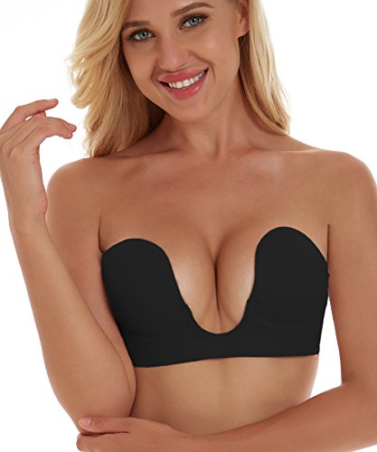 Unilove Strapless Bra Push Up Bras for Women Invisible Bra Adhesive Backless Bra (C, Black)