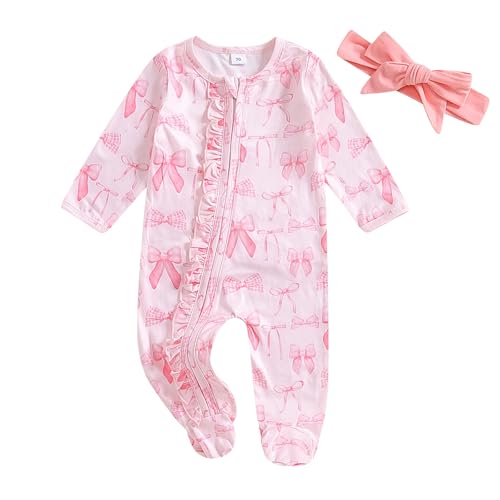 Newborn Baby Girl Bowknot Footies Romper Long Sleeve Sleeper with Headband Zip Up Footed Overalls Coming Home Outfits (Pink, 3-6 Months)
