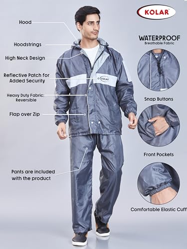 Image of KOLAR Men's Waterproof Rain Suit with Jacket and Pant With Reflective Surface, Extended Hood, Ouside and Inside Pocket
