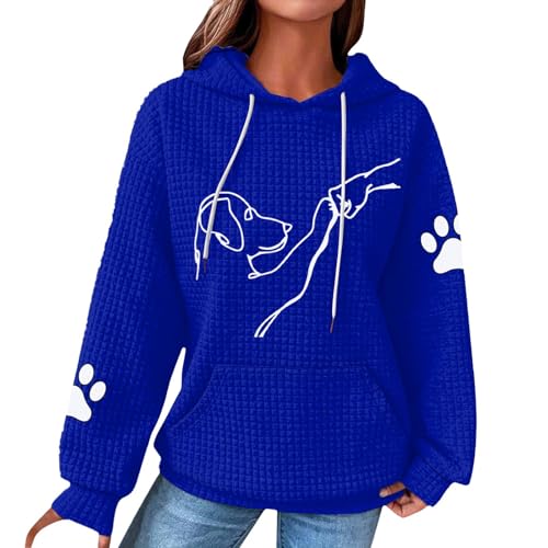 Cute Hoodie,Women'S Cute Graphic Hoodies Dog Cat Printed Long Sleeve Waffle Loose Hooded Sweatshirt With Pocket