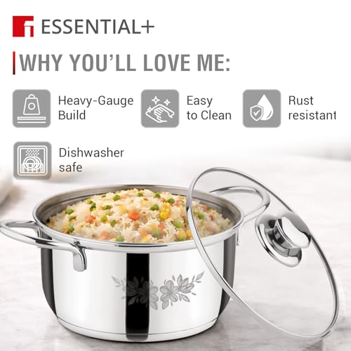 Image of Essential Plus by Bergner 4 Pcs Stainless Steel Cooking Pots Set - 16cm /1.6L Casserole with Glass Lid and 18cm /2.3L Casserole with Glass Lid, Less Oil Use, Healthy Cooking - Induction Bottom