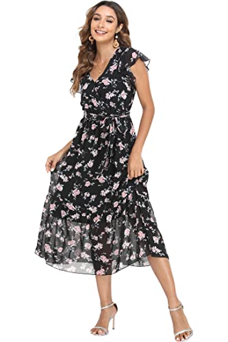 Image of VintageClothing Womens Sundress Casual Floral Summer Boho Dress | Flowy Wrap V Neck Ruffle A-Line Pleated Hem Midi Dresses