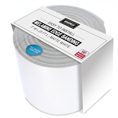 Image of WoodPress 3 inch Matt White Melamine Iron-On Edging - 25 ft Edge Tape - Pre-Glued Veneer Strip for Easy DIY - Edge Banding for Furniture Repair - Hot-Melt Backed Trim for Worktop, Shelf, Desk, Cabinet