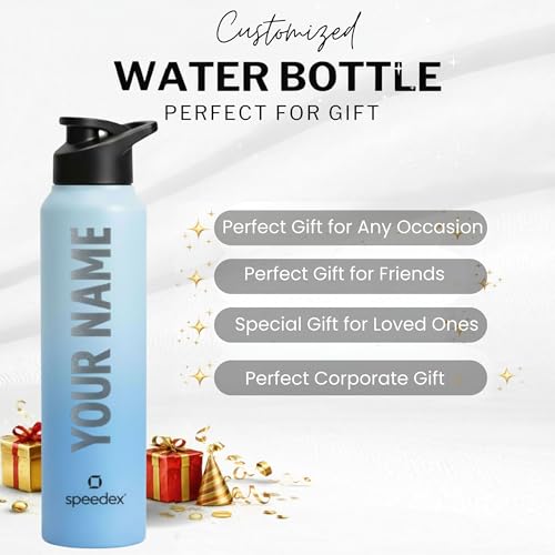 Image of Speedex Engraved Name Stainless Steel Sipper Water Bottle 1 Ltr - Customised Personalised Bottle for Kids & Adults, School, Gym, Sports, Black, Set of 1 (Dual Blue, Set Of 1)