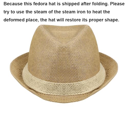 Image of Short Brim Straw Fedora Hat Sun Protection Panama Hat Packable Jazz Beach Cap Roll Up Trilby Cap for Men Women