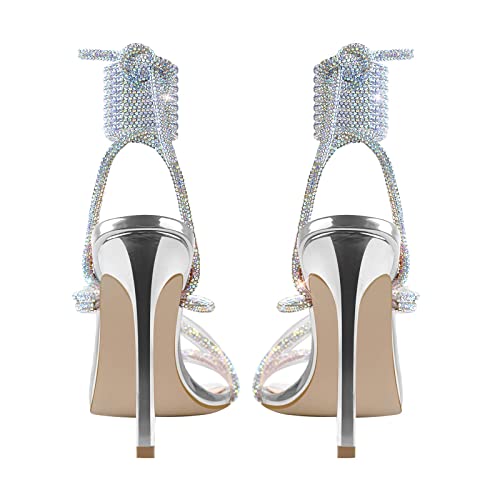 Missheel Iridescent Lace Up Stiletto Heel Sandals Silver Tie Up Strappy Rhinestone Heels Thigh High Wrap Around Heels Open Toe Sexy Size 9 #TOP2
