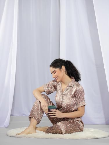Image of KOTTY Women's Printed Satin Night Suit Shirt & Pyjama Set