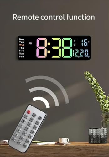Image of 15-Inch Digital Wall Clock with Large LED Display - Remote Control, Auto-Dimming, Night Light, Date, Day, Temperature, DST Function - Ideal for Living Room, Bedroom (Rainbow)
