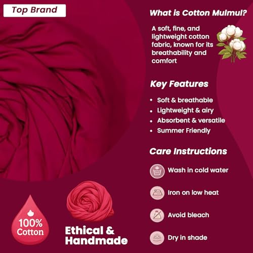 Image of 100% Pure Cotton Mulmul Fabric Material | Reusable Ultra Fine Mulmul Fabric | Lightweight Soft Smooth Piece Linning, Stole, Dupatta, Cushion Pillow Cover (Pink Rose, 2.5 Meters)