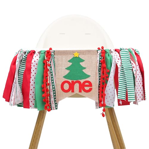 Image of Christmas Tree 1st Birthday High Chair Banner - Red and Green One High Chair Banner, Best Christmas Birthday Party Supplies, Christmas 1st Birthday Decoration for Girls Boys, Banner for Photo Booth Props and Cake Smash