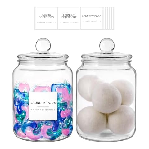 Mustry Glass Jars for Laundry Room Organization, 0.5 Gallon One Hand Easy Open Laundry Jars with Lids (Set of 2) Cover