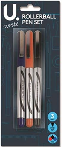 Rollerball Pens Pack of 3 Black Blue Red U.Mark