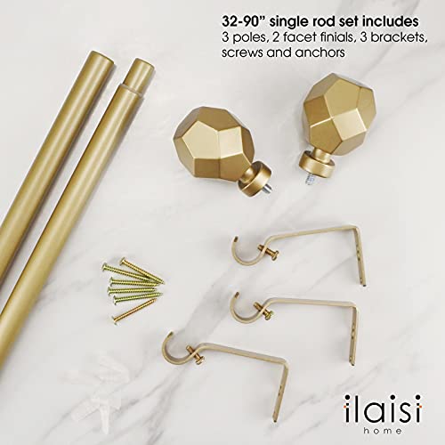 Ilaisihome Single Curtain Rod Set: 3/4 In Diameter Adjustable Gold Curtain Rod With Geometric Faceted Finials,32-90 In,Standard Single Gold Drapery Rod For 1 Pack #TOP2