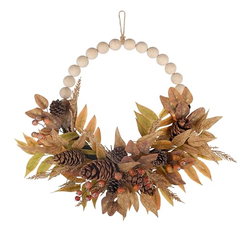 LushNook Beaded Fall Wreath for Front Door 24 Inch, Rustic & Boho Style Autumn Pine Cones & Leaves & Wood Bead Wreath, Fall Decor for Home Farmhouse Door Wall Window Indoor/Outdoor Decor