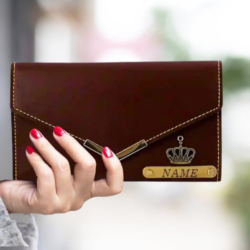 Image of Personalized Leather Clutch for Women | Custom Name & Charm | 3-Fold Ladies Wallet | Stylish Purse Gift for Girlfriend, Wife, Mother & Sister | Multi-Compartment Wallet (Brown)