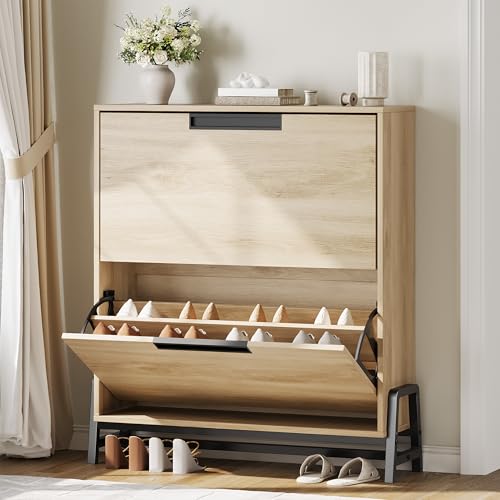 GarveeHome Shoe Storage Cabinet with 2 Flip Drawers, Freestanding Shoe Organizer with Metal Legs, Narrow Shoe Rack Cabinet for Entryway, Foyer, Hallway, Living Room, Oak