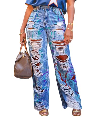 Women's Baggy High Waisted Jeans Stretchy Washed Graffiti Prints Ripped Straight Leg Denim Jeans