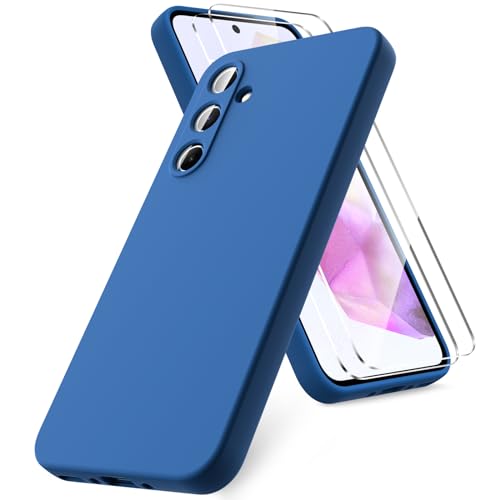 Vansdon Funda Compatible con Samsung Galaxy A35 5G, 2 Unidades Protector Pantalla Cristal Templado, Silicona Líquida Gel Ultra Suave Funda- Azul