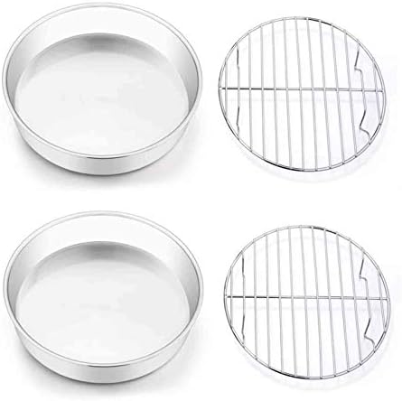 TeamFar 8 Inch Cake Pan and Rack Set of 4, Stainless Steel Round Tier Cake Pans, for Baking Cooling Steaming, Fit in Oven, Pot, Pressure Cooker, Healthy & Mirror Finish, Dishwasher Safe
