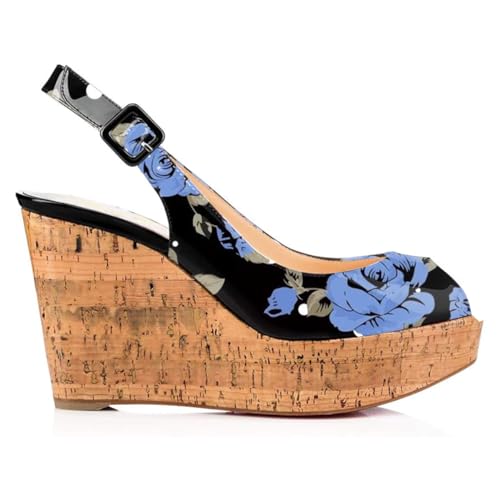 FOWT Summer Fashion Burnished Patent Leather Platform Black Wedges for Women Comfort Peep Open Toe 4 inch Heels Chic Slingback Heeled Sandals Dress Casual Shoes, US Size 4-16 M2