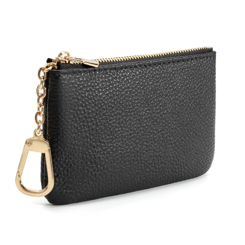 Image of Full Grain Leather Coin Purse with Key Chain - Small Change Purse Keychain Card Holder Keychain Pouch Small Keychain Wallet for Women and Men (Black - Large Size)