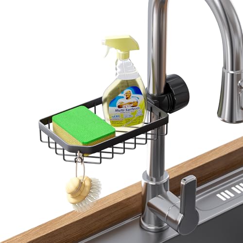 Image of LONIN Sponge Holder Over Faucet Kitchen Sink Caddy Organizer, Stainless Steel Detachable Hanging Faucet Drain Rack for Bathroom, Scrubbers, Soap, (Black)