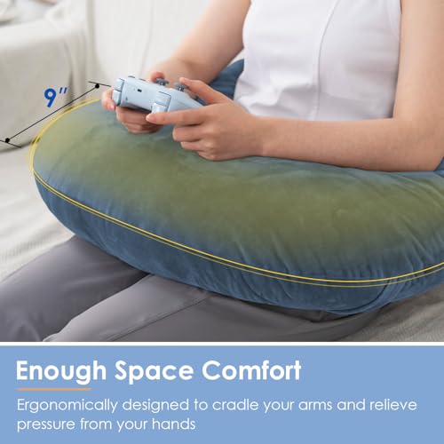 Image of QUEEN ROSE Reading Pillow, Gaming Pillow for Lap, Sitting in Bed or Sofa, Extra Arm Rest for Reading, Playing or Crocheting, Soft Velvet Blue