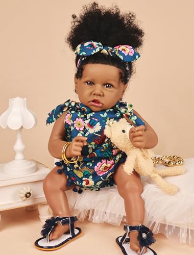 Image of HOOMAI Reborn Baby Black Dolls African American Lifelike Silicone Doll Realistic 22.8 Inch with Cloth Body Birthday Gift Set for Ages 3+