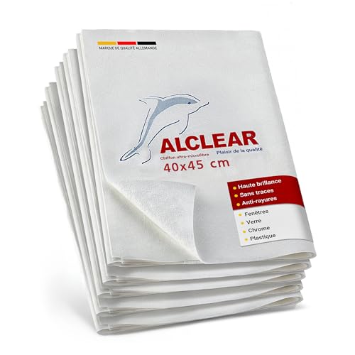 ALCLEAR Set de chiffons en microfibre – Pack de 5 chiffons à vitres 40×45 cm, sans traces – ne peluche pas, économise du temps sans séchage – conçu en Allemagne – pour la maison & vitres de voiture