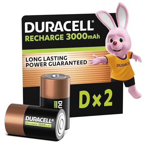 Duracell pilas recargables D (Paquete de 2), 3000 mAh NiMH, gran duración