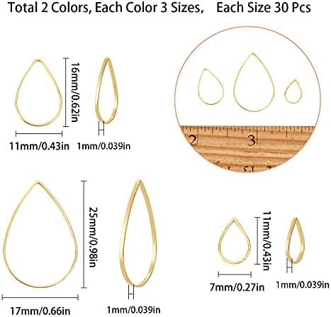 SUNNYCLUE 1 Box 180Pcs 3 Sizes Teardrop Linking Rings Earrings Beading Hoop Brass Metal Open Bezels Frame Charms for Earring Findings Crafts Jewelry Making Supplies, Golden Silver