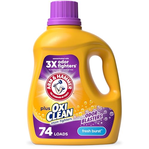 ARM & HAMMER Plus OxiClean with Odor Blasters Liquid Laundry Detergent, Laundry Odor Remover, Attacks Stains, Fresh Burst Scent, 74 Loads, 96.2 Fl Oz