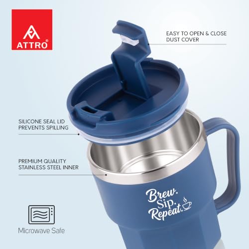 Image of ATTRO Sipzo Double Wall Inner Steel Coffee Mug, 350ml, Microwave Safe, Stainless Steel Inner, BPA Free Food Grade Outer, Leakproof Lid with Dust Cover, Wide Mouth, Office & Travel Mug-Blue