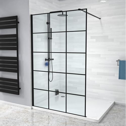 Nes Home Black Grid 1200mm Shower Screen 8mm Tempered Glass with Support Bar