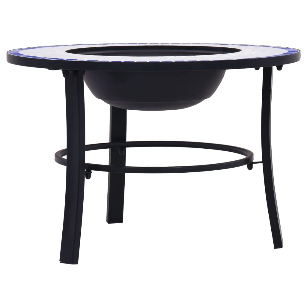 Feuerstelle Mosaik Keramik Blau und Weiß 68 cm, Stahl und Keramik, Dreibein Gestell, runde Ablage, Terrasse Garten, Wärme und Deko für Holzscheite Holzkohle Kamin Ofen