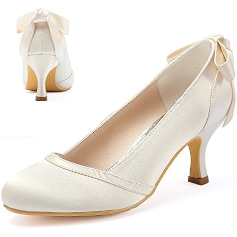 Elegantpark HC1804 Bridal Shoes Women Wedding Shoes for Bride Mid Heel Bow Closed Toe Satin Wedding Court Shoes Ivory UK 7(EU 40) Cover