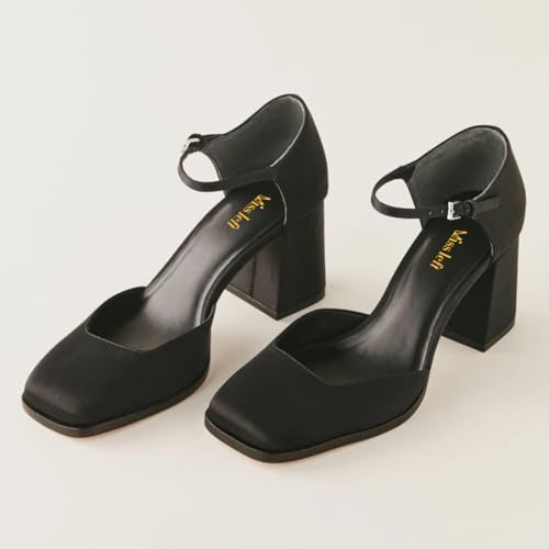 miss left Women Square Toe Adjustable Ankle Buckle D'Orsay Pumps Chunky High Heel Graceful Party Date Shoes Size 4-16 US4