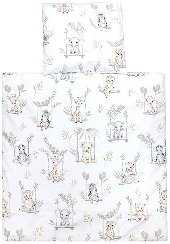 TupTam Unisex Baby Wiegenset 4-teilig Bettwäsche-Set: Bettdecke und Kopfkissen mit Bezug, Farbe: Safari auf der Schaukel Beige, Größe: 80x80 cm