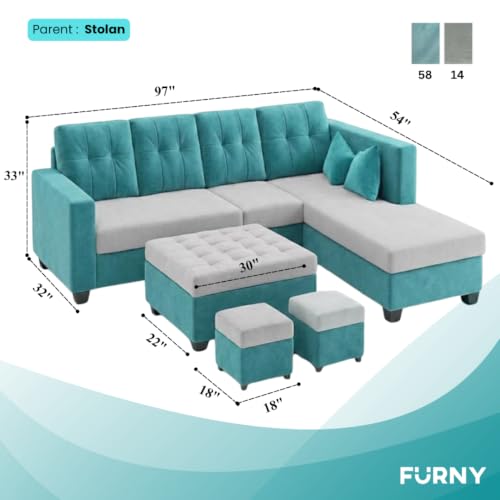 Image of FURNY Nathan 8 Seater L Shape Sofa Set RHS (Sky Blue-Light Grey) | Suede Velvet Finish | Durable Comfort Sofa for Modern Living Room & Office Spaces