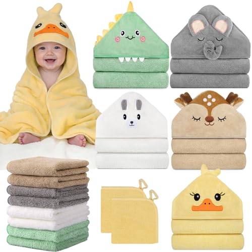 Image of CandyHome 15 PCS Baby Bath Towels, 5 PCS Cute Animal Hooded Baby Towels & 10 PCS Washcloths Set for Infants Toddlers, Ultra Absorbent Soft Baby Bath Essentials Gifts for Boys & Girls