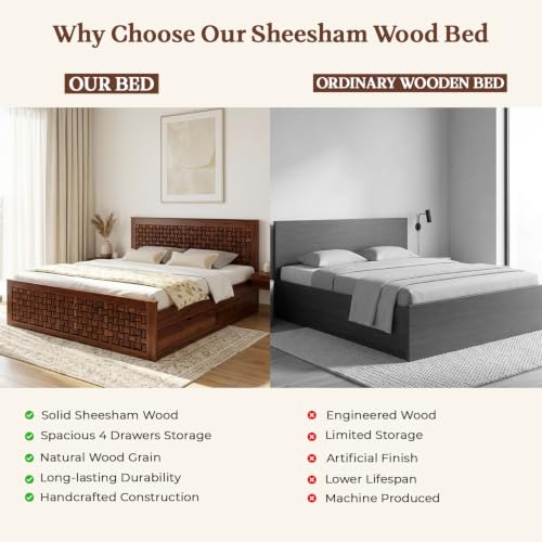 Image of WOODLAB Furniture Sheesham Wood King Size Bed with 4 Drawers Storage for Bedroom Home Wooden Double Beds Furniture for Living Room Hotels - Honey Finish