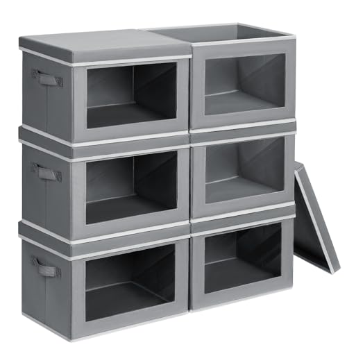 Image of Homsorout Clothes Organizers and Storage - 6 Pack Large Storage Box with Lids, Foldable Closet Organizer with Lids, Decorative Basket Bins for Home, Dorm, Closet, Grey