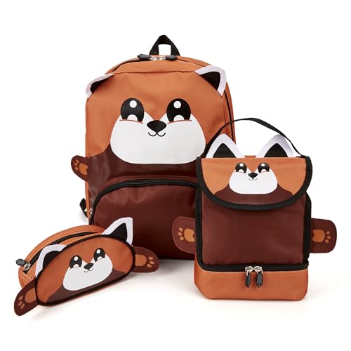 Zappi Co Red Panda Backpack Set - Featuring Backpack, Lunch Box, and Pencil Case - Enchanting Forest Rucksack for School